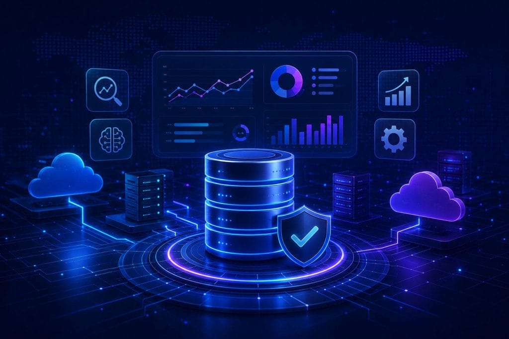 A digital illustration of a secure data server surrounded by cloud storage icons, charts, and analytics graphics, highlighting predictive database analytics for preventing downtime in cloud computing and data protection.