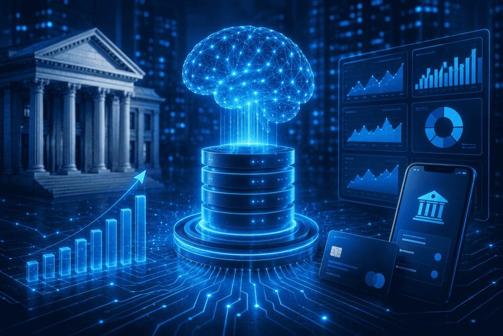 Digital illustration of a glowing brain over data servers, with banking icons, graphs, and a classical bank building, representing AI in financial technology.