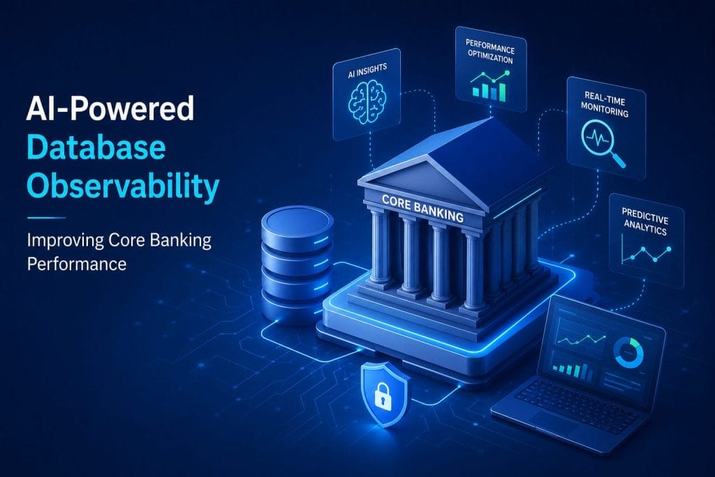 A digital illustration showing a core banking system surrounded by icons for AI insights, performance optimization, monitoring, and analytics, with the text "AI-Powered Database Observability"&mdash;highlighting how database observability drives superior core banking performance.