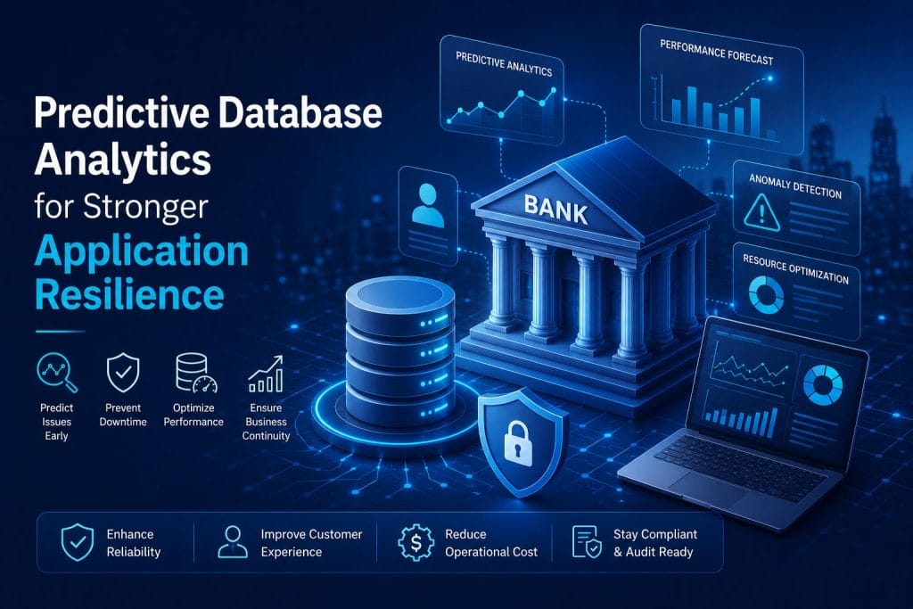 Infographic showing predictive database analytics for banks, highlighting the importance of application resilience for BFSI organizations. The design features icons for reliability, customer experience, cost reduction, and compliance, alongside charts and digital security symbols.