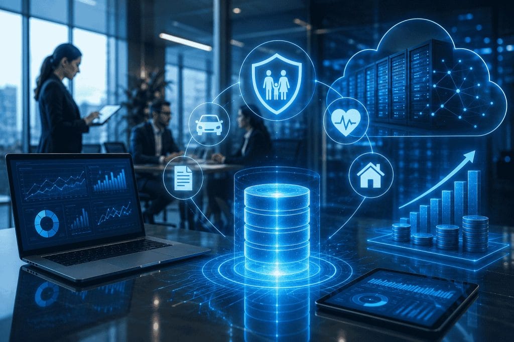 Businesspeople meet in a modern office with digital graphics showing data, cloud storage, security, and financial icons overlaid on laptops and tablets.