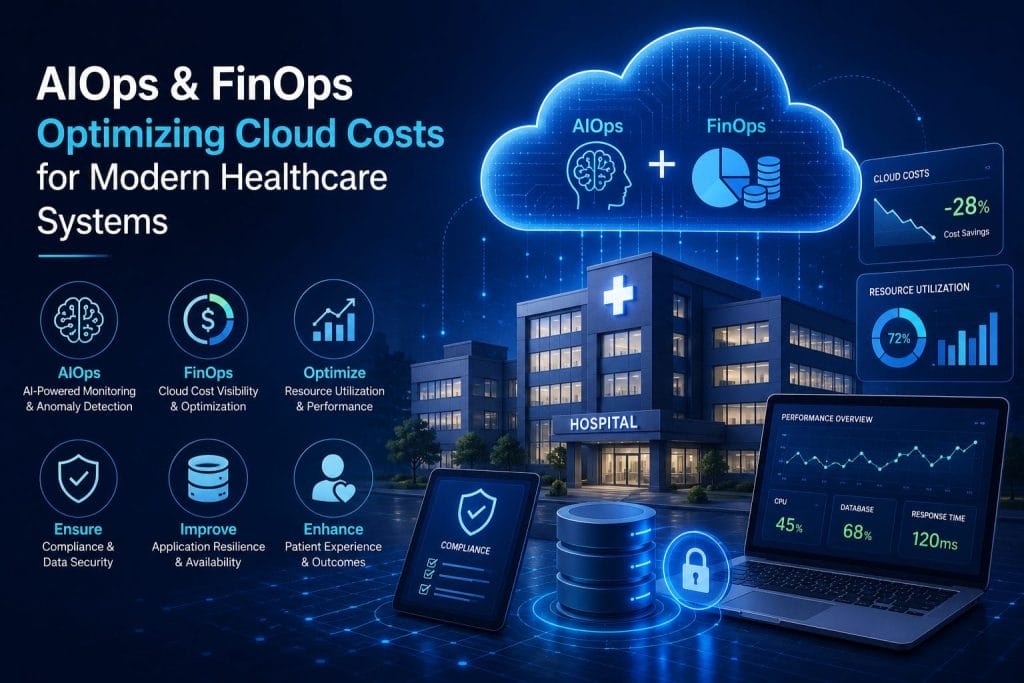 Infographic illustrating how AIOps and FinOps streamline cloud costs for healthcare, featuring icons for monitoring, compliance, optimization, and performance metrics set against a hospital backdrop.