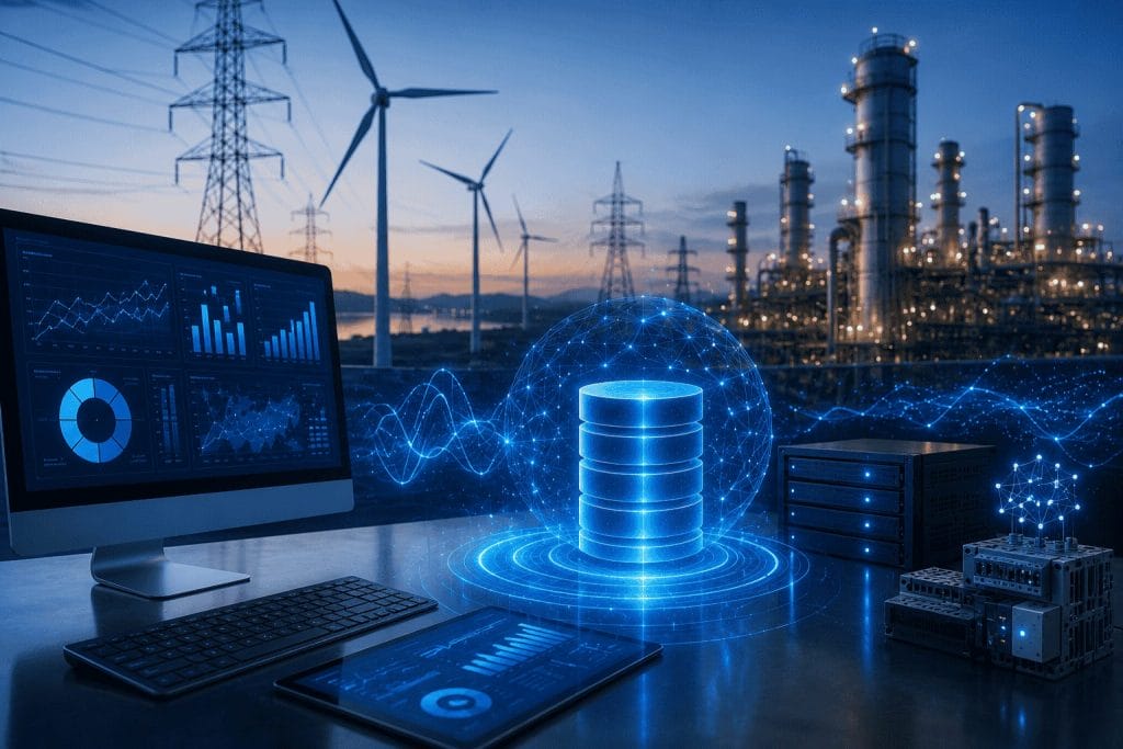 A desktop and tablet display energy data, with digital graphics of data storage; wind turbines and an industrial plant are visible in the background at dusk.