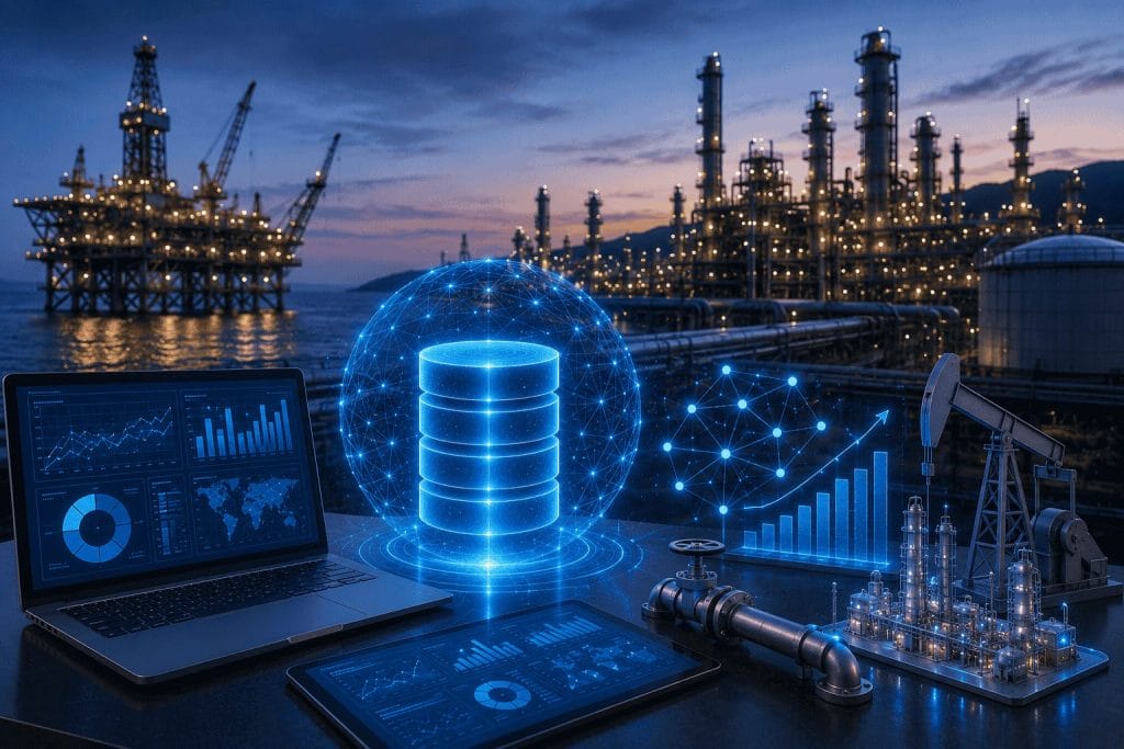 A laptop and tablet display data analytics in front of oil rigs and refineries at dusk, with digital graphics representing data, storage, and network connections overlayed.