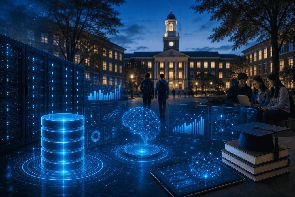 Students study near a university building at dusk, with digital graphics of data, servers, and charts superimposed, symbolizing technology and education integration.