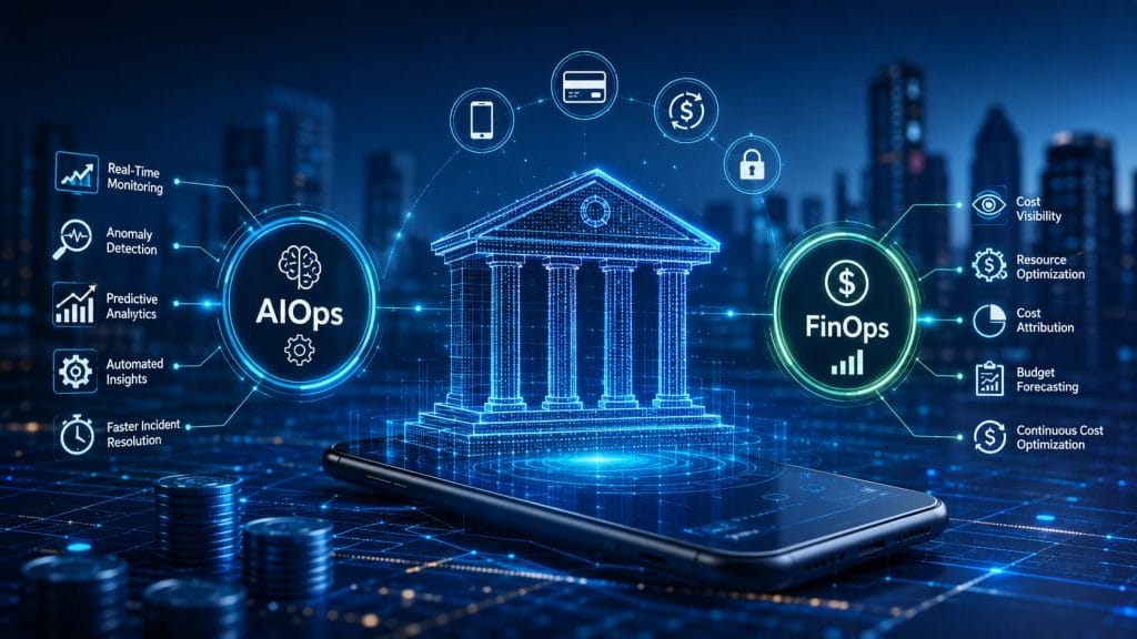 Digital illustration of a bank building above a smartphone, with icons and labels for AIOps and FinOps features, representing digital banking transformation and seamless financial technology integration in the modern banking sector.