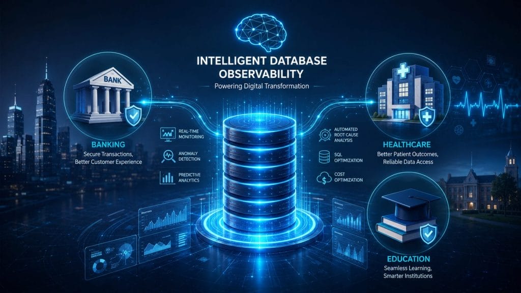 A digital illustration showcasing intelligent database observability as a driver of digital transformation for banking, healthcare, and education, featuring icons, data graphs, and a central glowing database stack.