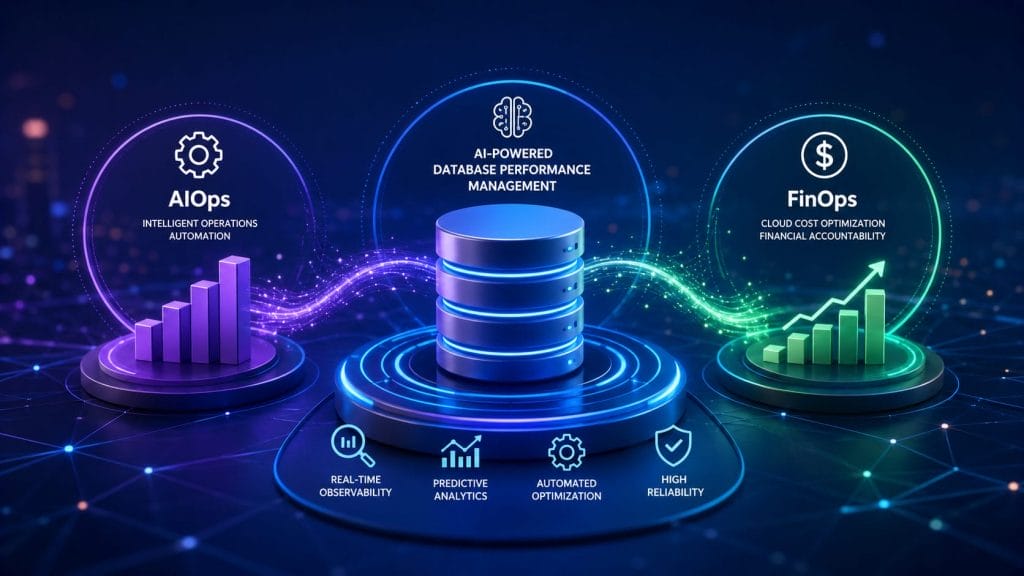 A digital illustration showing AI-powered database performance management, with icons and graphs representing AIOps, FinOps, and related features like observability, analytics, optimization, and reliability.