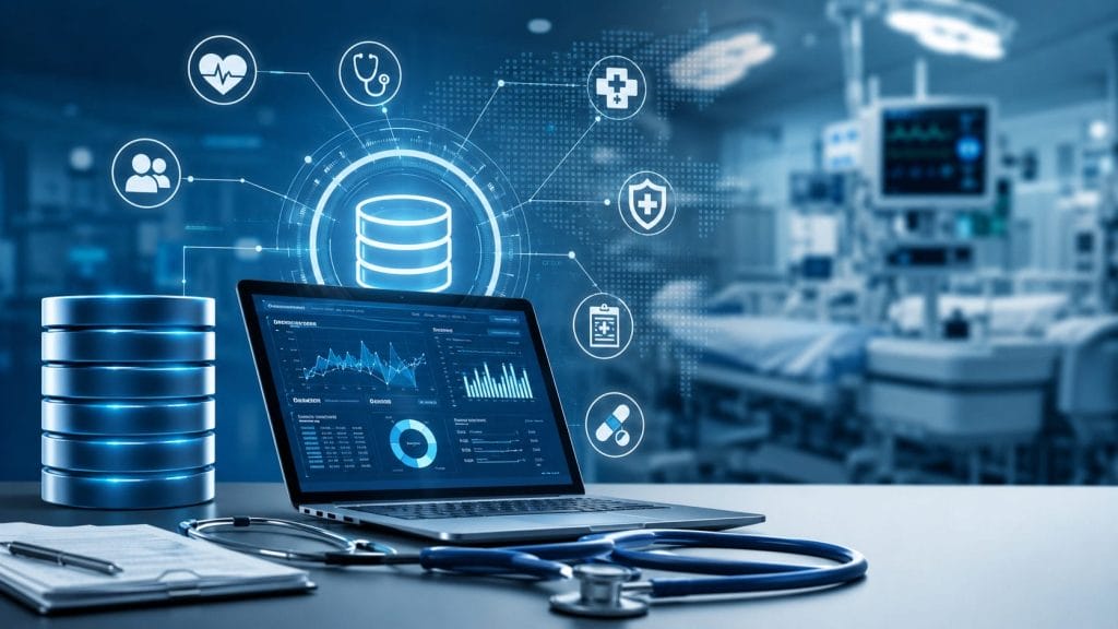 A laptop with AI-powered database analytics for healthcare data sits next to a stethoscope, clipboard, and server icons, illustrating performance improvement in clinical settings, with a hospital room blurred in the background.