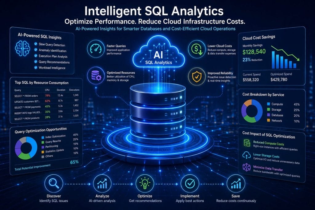 Infographic highlighting the benefits of Intelligent SQL Analytics, including cost savings, resource usage optimization, and enhanced data insights for smarter, more efficient cloud database operations. Discover how leveraging intelligent analytics can reduce costs and streamline cloud infrastructure expenses.