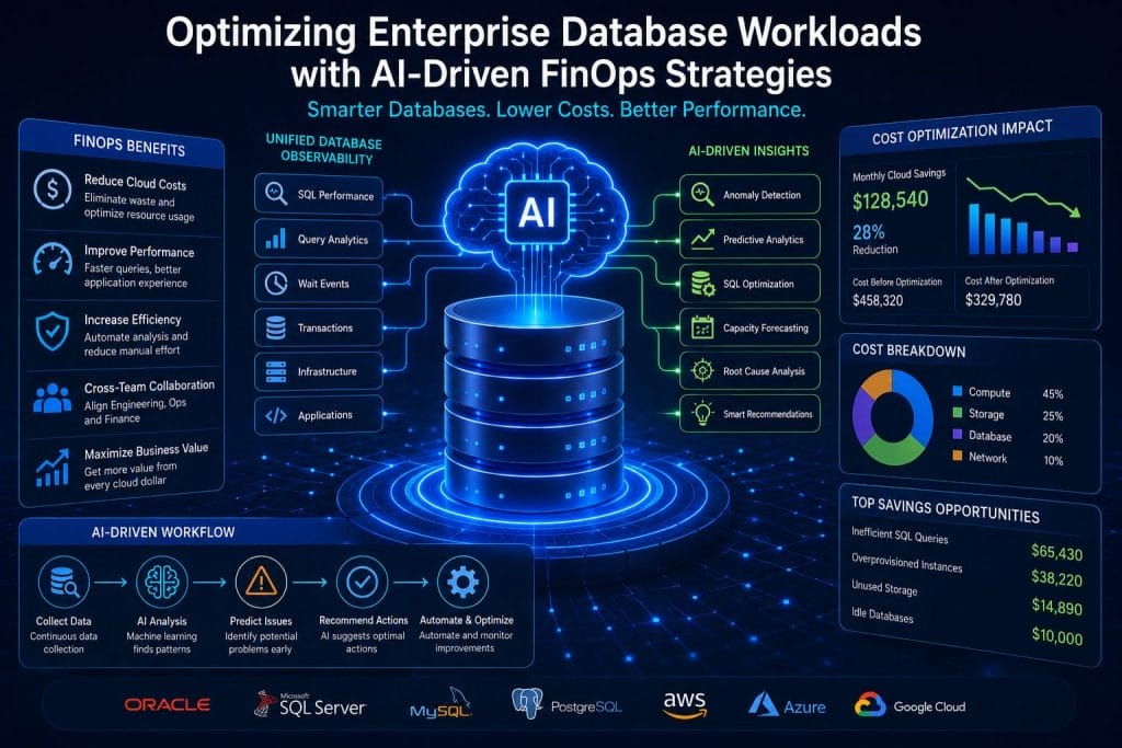 Infographic on AI-Driven FinOps strategies for enterprise database workload optimization, showing benefits, workflow, cost savings, AI tools, and supported platforms like Oracle, SQL Server, and Azure.