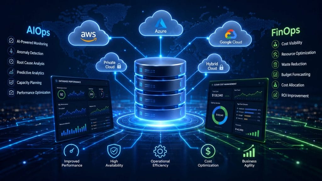 Illustration of cloud computing concepts, showing a data server connected to AWS, Azure, Google Cloud, and others, with dashboards highlighting cloud database performance and benefits listed for AIOps and FinOps.