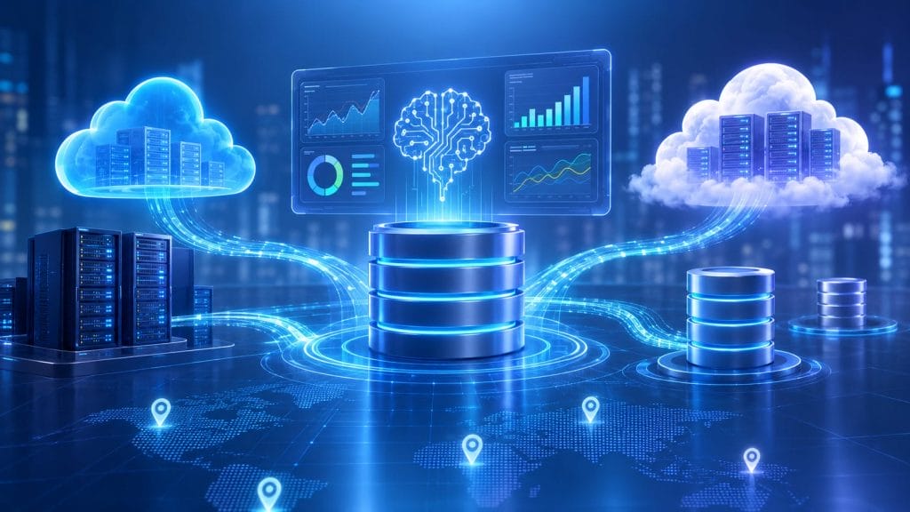 Digital illustration of cloud computing and data storage, showing servers, cloud icons, data charts, and a glowing brain graphic representing artificial intelligence over a global network map. The artwork highlights both Hybrid Cloud solutions and Intelligent Database Analytics to portray seamless data integration and advanced insights across modern digital infrastructure.