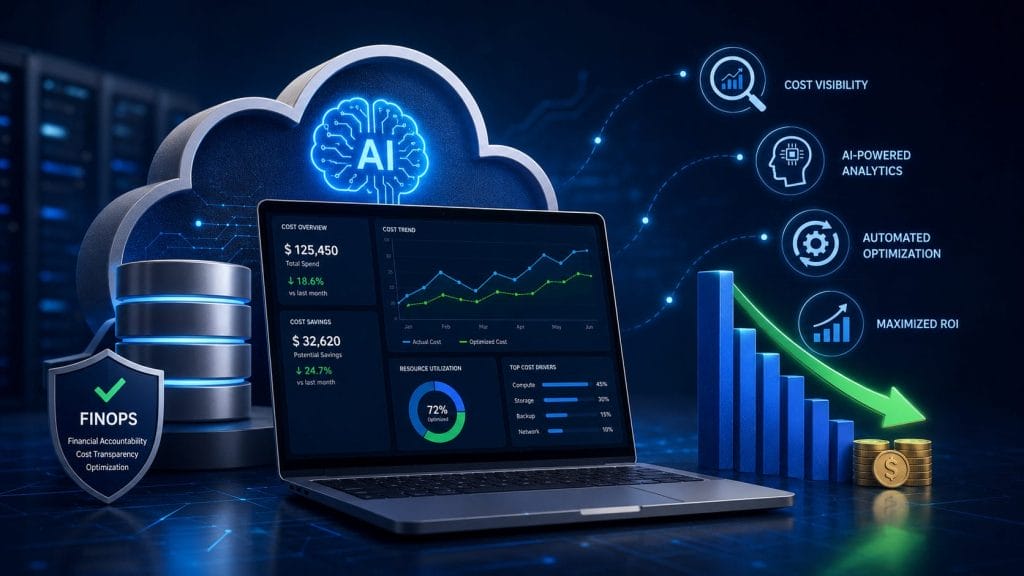 Laptop with financial dashboards is surrounded by cloud AI, servers, and icons representing AI-powered analytics, cost visibility, cloud database cost optimization, and ROI, illustrating FinOps and financial technology concepts.