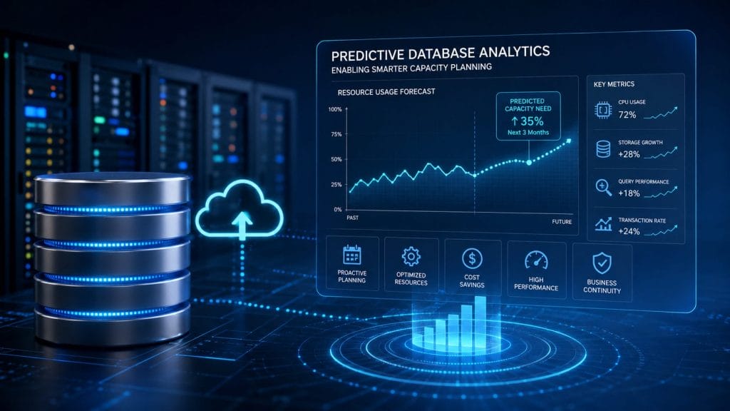 Digital illustration of predictive database analytics and smarter capacity planning, showing a graph, key metrics, and a database icon, with a server room and cloud symbol in the background.
