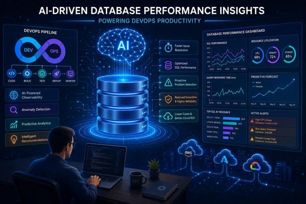 A person at a desk uses a laptop showing a database icon surrounded by AI terms, charts, and cloud logos, illustrating how AI-driven database performance insights can enhance DevOps productivity.