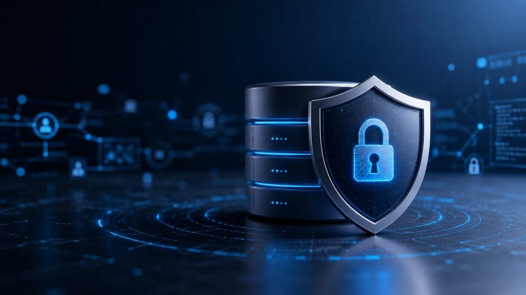 A digital illustration of a secure database server with blue lights, featuring a shield and padlock icon symbolizing robust Database Security and Enterprise Cyber Resilience in today&rsquo;s evolving threat landscape.