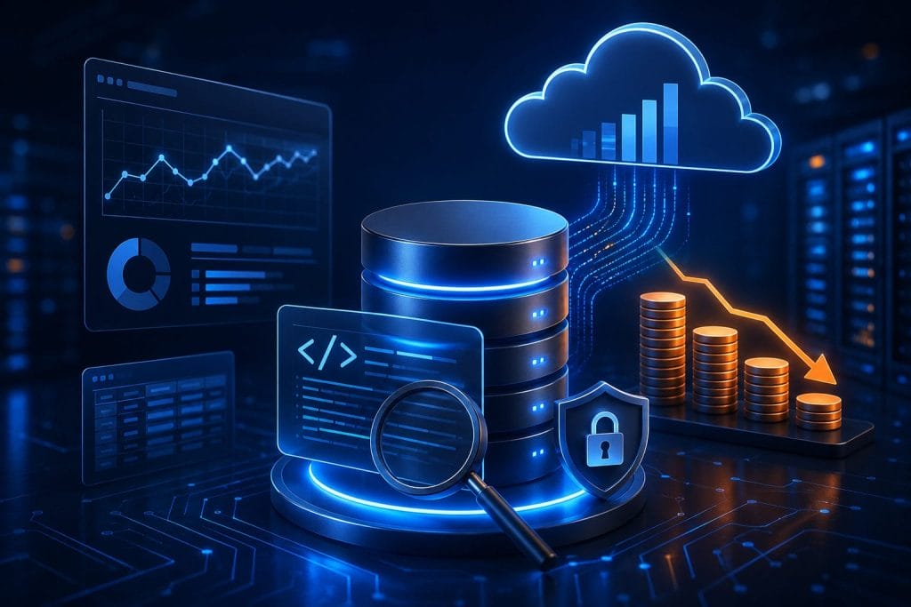 A digital illustration of data servers, a cloud with analytics graphs, coins symbolizing cloud costs, a magnifying glass, and security icons, representing cloud computing, data analysis, and cybersecurity.