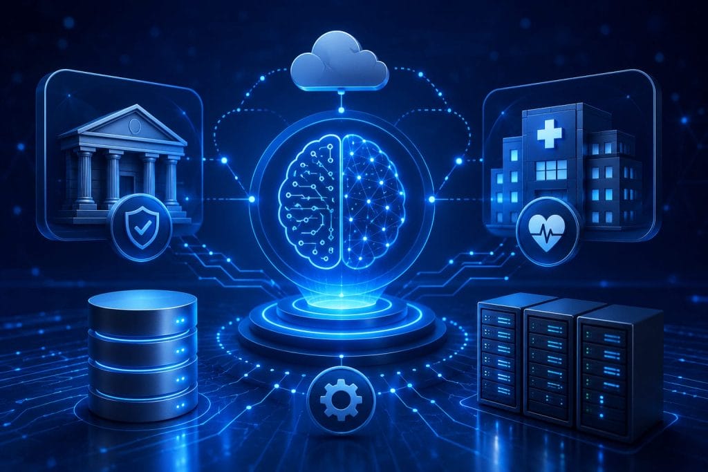 Digital illustration of a brain-shaped AI network connected to cloud storage, databases, and icons for banking and healthcare, symbolizing data integration and AIOps for mission-critical applications in finance and healthcare.