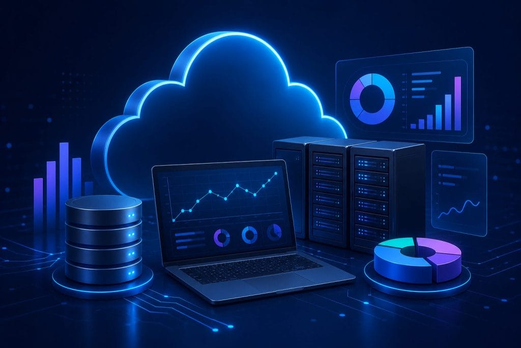 A laptop, servers, data storage disks, and charts are displayed in front of a glowing cloud icon, representing cloud computing, FinOps strategies, and advanced Database Performance Analytics.