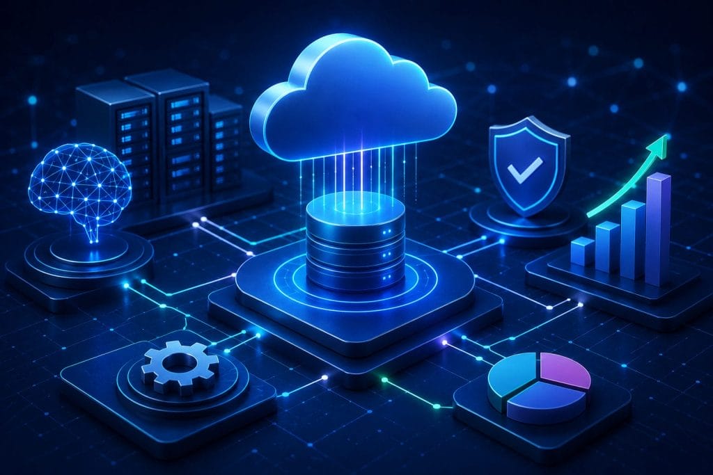 A digital illustration of cloud computing, featuring a central cloud connected to servers, charts, graphs, a shield with a checkmark, and gear icons&mdash;highlighting AI-Driven Database Observability and network security.
