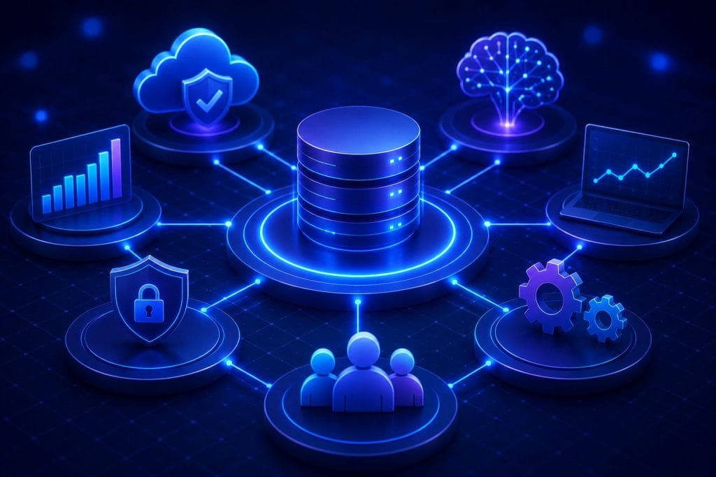 A central database icon is connected to cloud storage, security, analytics, users, gears, AI, and a graph, illustrating AI-powered database monitoring for enhanced data management and technology integration in higher education.