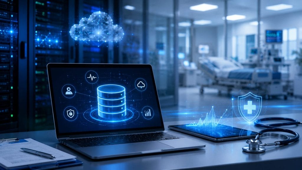 A laptop and tablet display digital health data and cloud icons in a hospital setting, highlighting modern healthcare technology and Healthcare IT Infrastructure, with medical equipment and a stethoscope visible on a desk.