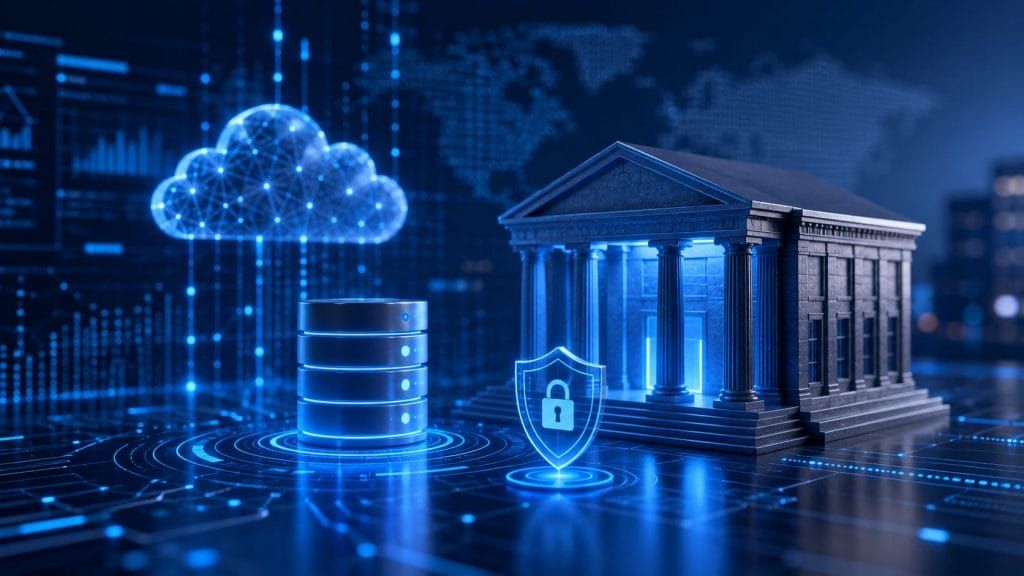 Digital illustration depicting cloud storage, a database stack, a shield with a padlock, and a classical bank building, representing secure digital banking operations and AI-powered database observability in financial data storage technology.