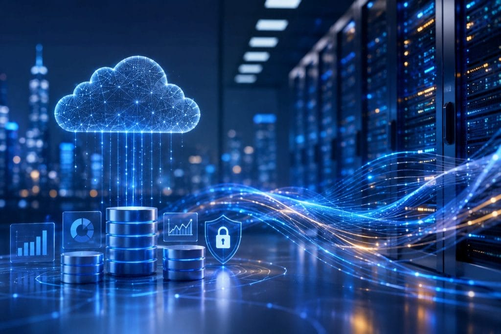 Digital illustration of cloud computing with data storage icons, glowing cloud symbol, security shield, and server racks, representing digital transformation through secure data transfer and protection in a modern cityscape setting, with subtle references to FinOps and AIOps practices.