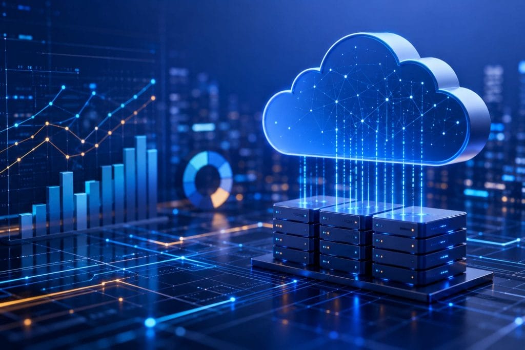 3D illustration of cloud computing concept with cloud icon above server racks, data graphs, and digital grid background, representing data storage, technology, and the optimization of Cloud Infrastructure Costs through AIOps.