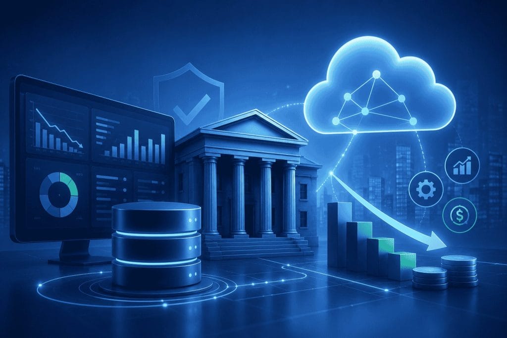 Digital illustration of a bank, computer monitors with charts, data disks, cloud computing graphic, and financial icons representing digital banking and financial data management.