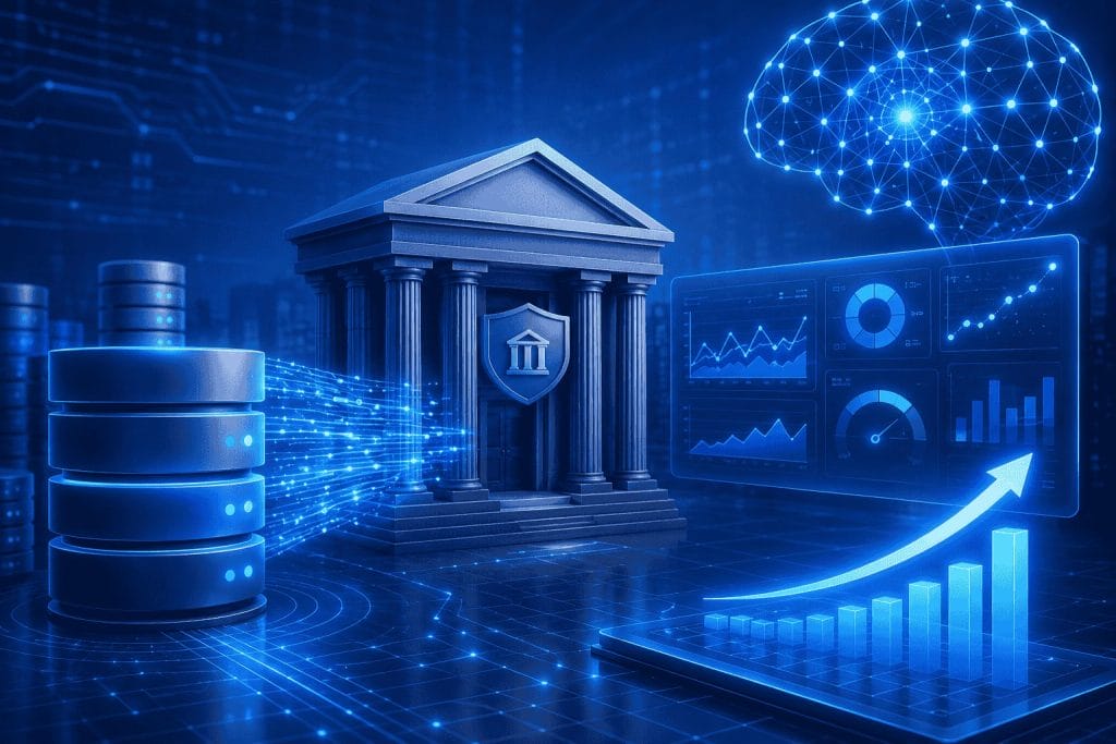 Digital illustration of a bank building, data stacks, graphs, and an artificial intelligence brain, symbolizing financial technology, data analytics, and banking digital transformation.