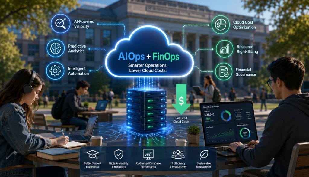 Students work on laptops outdoors near a campus building, with a digital overlay illustrating AI-powered cloud computing benefits, FinOps strategies for managing Cloud Infrastructure Costs, and key cost optimization concepts.