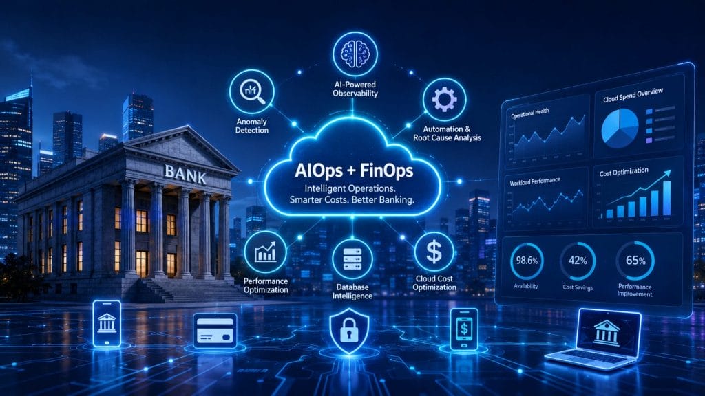 A digital illustration shows a bank with cloud computing icons and graphs, highlighting AIOps and FinOps benefits like optimization, anomaly detection, and cost savings for banking operations&mdash;emphasizing the transformative power of Cloud Operations in driving efficiency and intelligent decision-making.