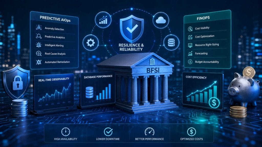 Digital illustration of a BFSI bank surrounded by icons and graphics highlighting predictive AI, database performance, cost efficiency, Predictive AIOps, FinOps practices, and financial operations, with &ldquo;Resilience & Reliability&rdquo; in the center.