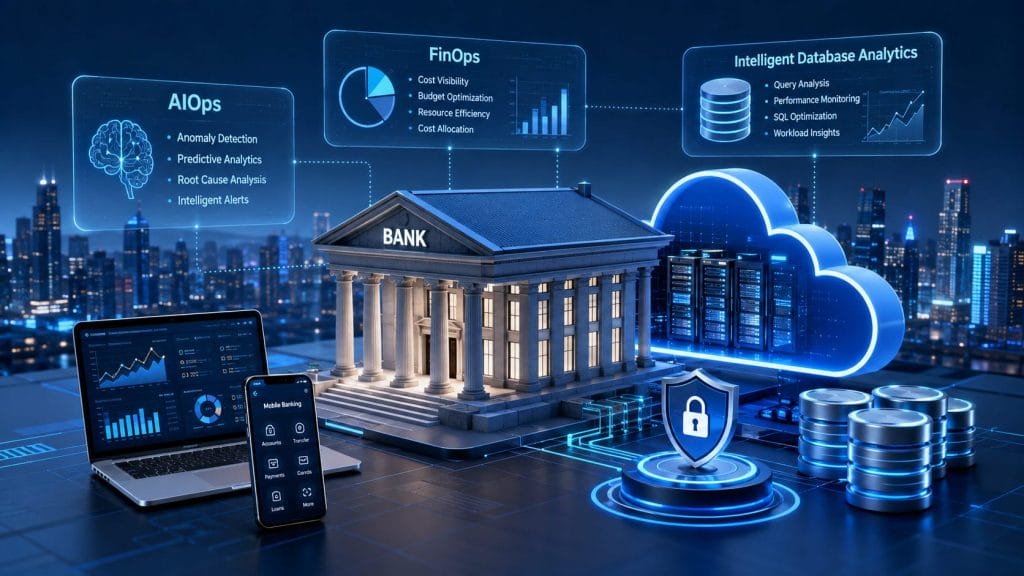 A digital illustration of modern banking with a central bank building, servers, laptops, and data holograms labeled AIOps, FinOps, and Intelligent Database Analytics depicts the dynamic landscape of Banking Cloud Infrastructure.