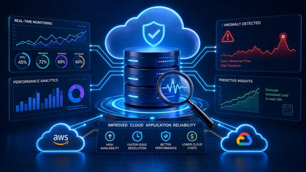Cloud server with performance analytics, anomaly detection, and predictive insights, connected to AWS and Google Cloud, highlighting Cloud Application Reliability and intelligent database monitoring for comprehensive application metrics.