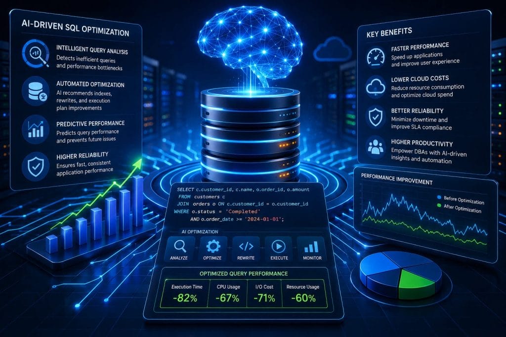 Futuristic data center with AI brain hologram, SQL query display, charts, and infographics highlighting the benefits and performance improvements of AI-Driven SQL Optimization for High-Performance Enterprise Databases.