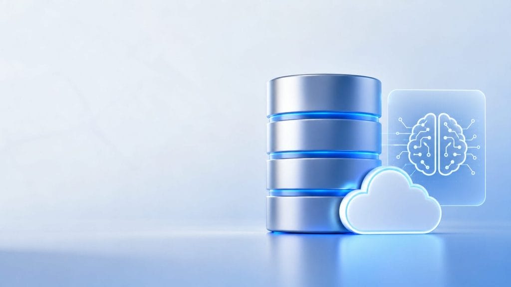 A metallic database icon with blue highlights sits beside a cloud and a digital brain graphic, representing enterprise IT operations and AI-powered database observability in the era of cloud computing and artificial intelligence.