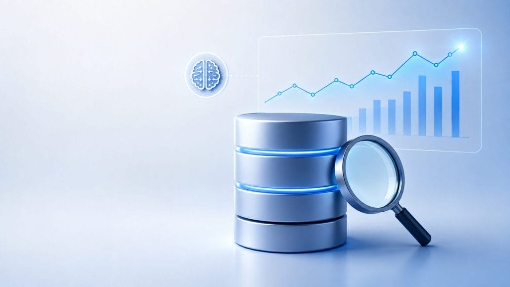 Stacked database disks with glowing blue lights, a magnifying glass in front, and a chart with increasing blue bars and a brain icon floating above symbolize advanced Predictive Analytics and optimized Database Performance.
