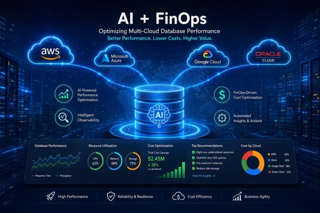 AI and FinOps database optimization workflow showcasing multi-cloud database management, performance metrics, cost savings, and visual data charts against a digital cityscape background.