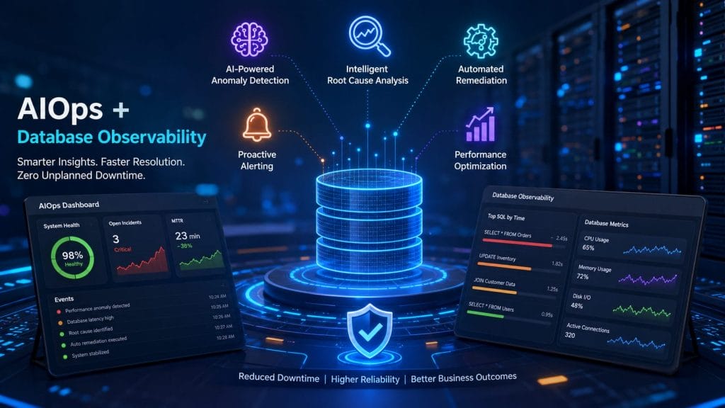 A digital illustration shows an AI-powered database observability dashboard with charts, metrics, and icons for automation, anomaly detection, and optimization in a server room setting&mdash;highlighting the role of AIOps in reducing enterprise IT downtime.