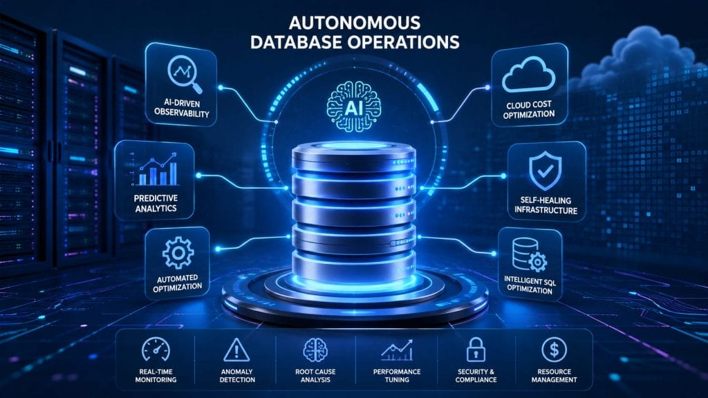 A digital illustration showing a central AI-powered database with labeled features, including predictive analytics, cloud cost optimization, and real-time monitoring&mdash;highlighting autonomous database operations that connect seamlessly through glowing lines and reflect the future of database technology.