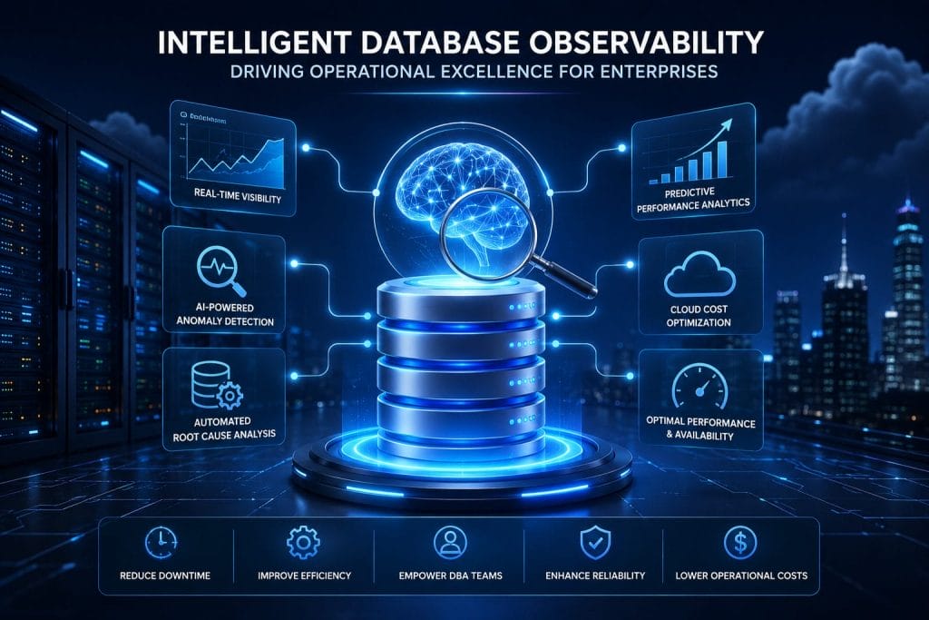 Futuristic graphic showing a digital brain, database stacks, charts, and icons illustrating Intelligent Database Observability benefits and features for enterprises striving for operational excellence.