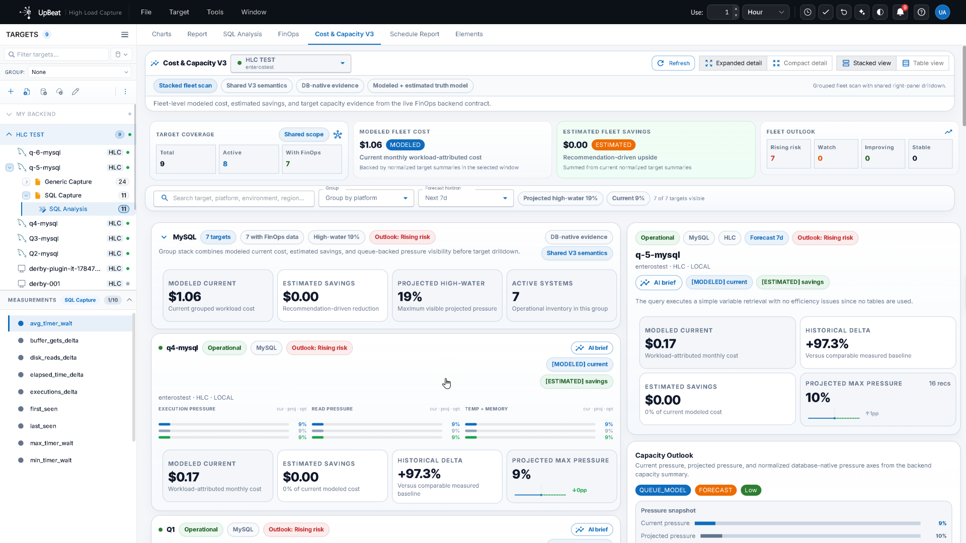 Enteros UpBeat Cost and Capacity V3 dashboard with capacity evidence