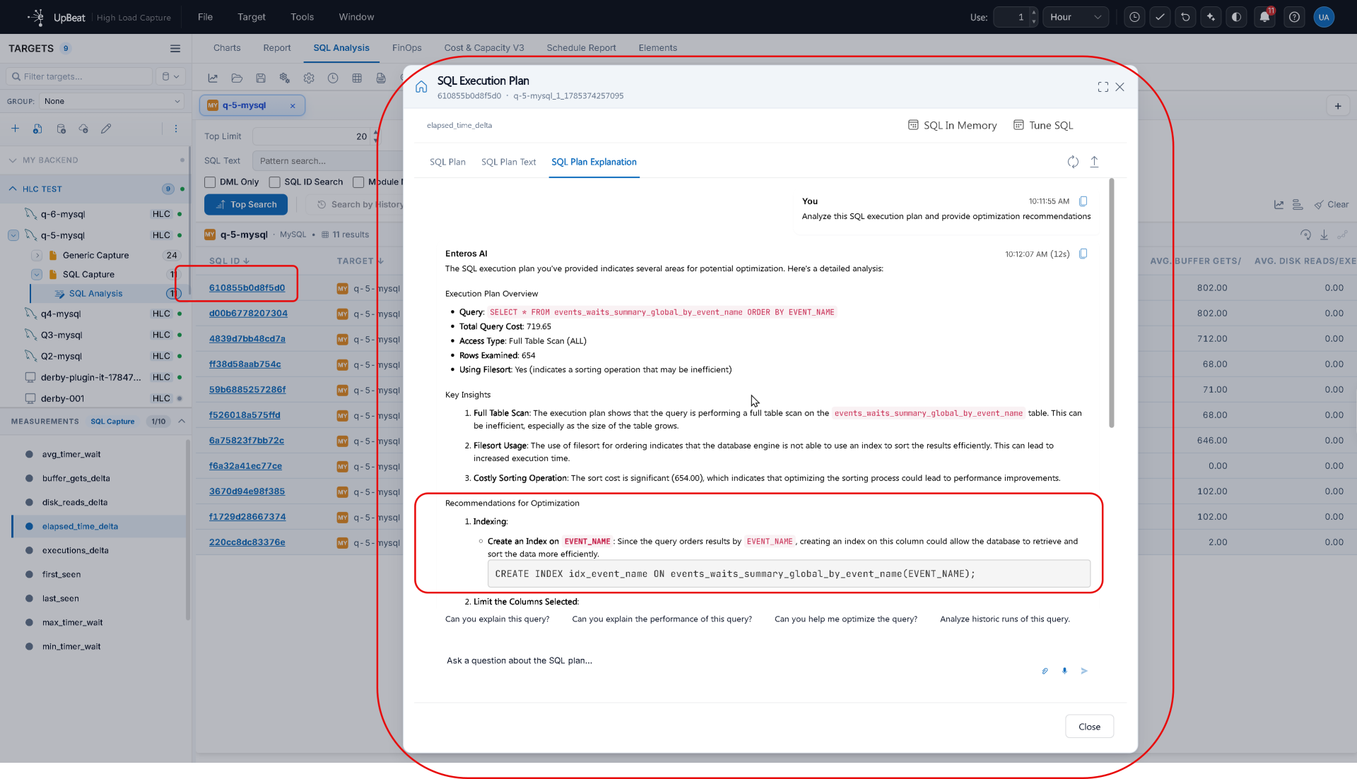 Enteros UpBeat SQL execution plan analysis workspace